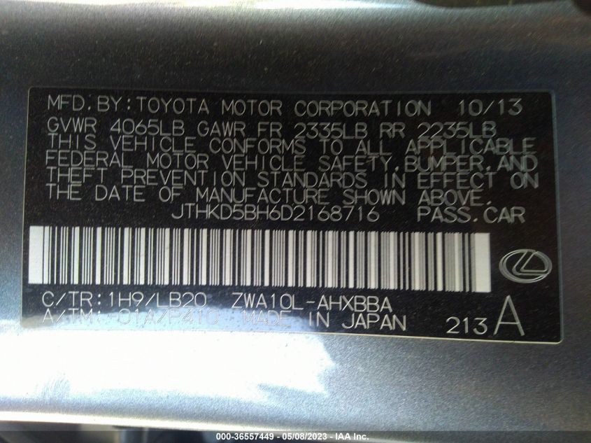 2013 LEXUS CT 200H HYBRID - JTHKD5BH6D2168716