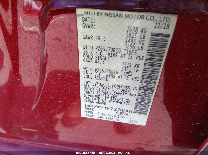 2019 NISSAN FRONTIER SV - 1N6AD0EV4KN728646