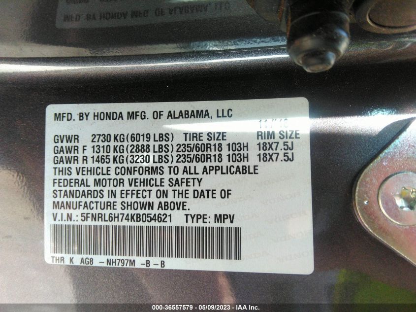 2019 HONDA ODYSSEY EX-L - 5FNRL6H74KB054621