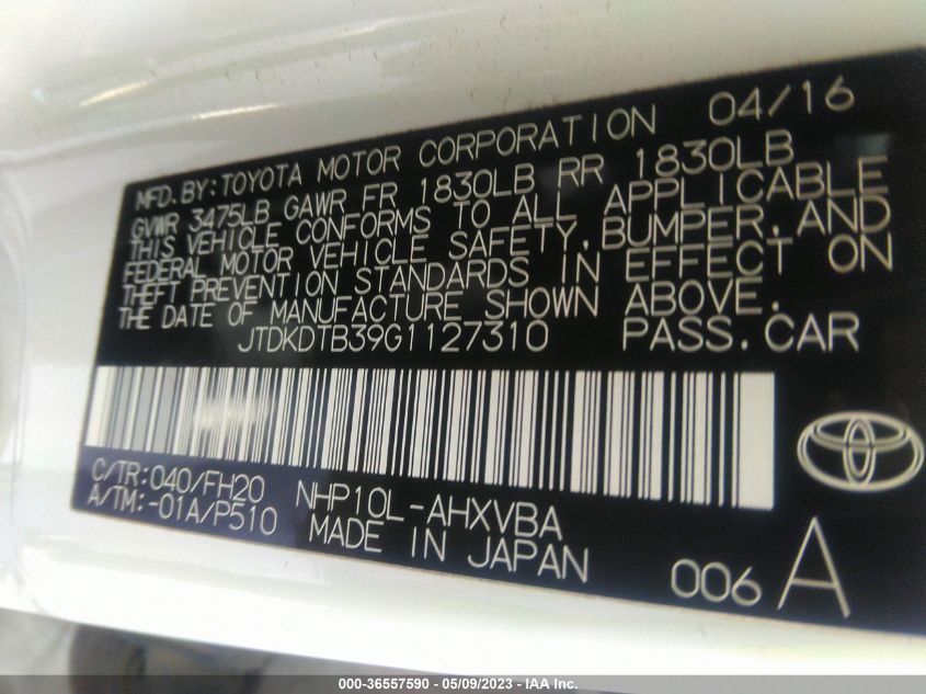 2016 TOYOTA PRIUS C ONE/TWO/THREE/FOUR - JTDKDTB39G1127310