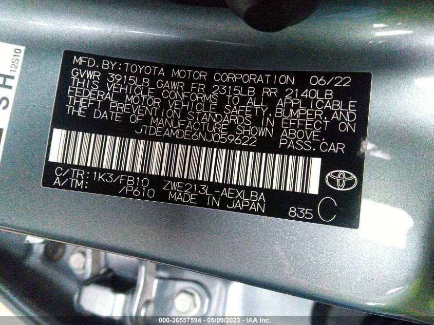 2022 TOYOTA COROLLA HYBRID LE - JTDEAMDE6NJ059622