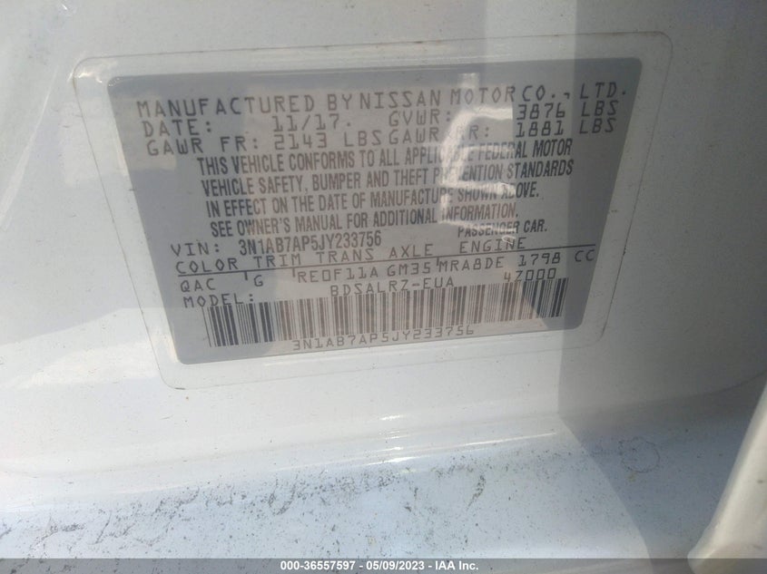 VIN 3N1AB7AP5JY233756 2018 NISSAN SENTRA SR