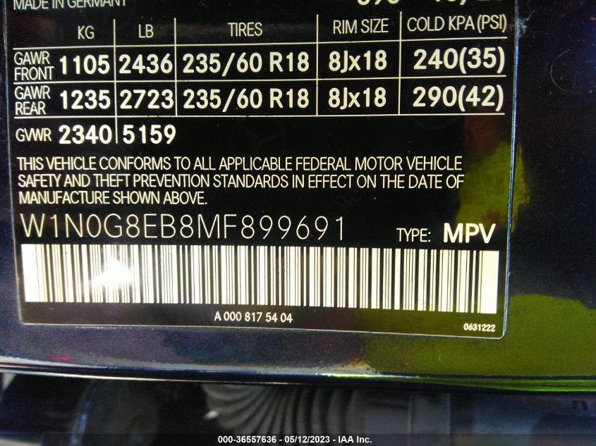 2021 MERCEDES-BENZ GLC GLC 300 - W1N0G8EB8MF899691
