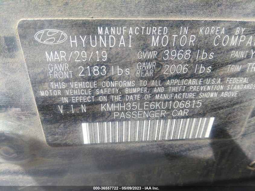 VIN KMHH35LE6KU106815 2019 HYUNDAI ELANTRA GT