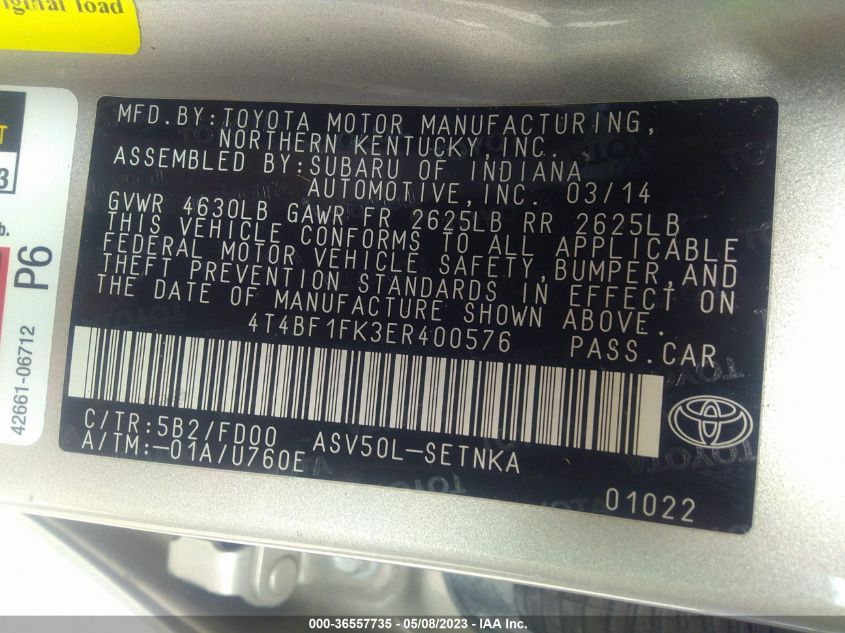 2014 TOYOTA CAMRY L/LE/XLE/SE/SE SPORT - 4T4BF1FK3ER400576