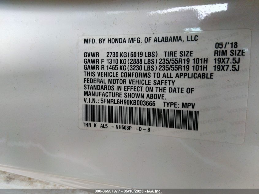 2019 HONDA ODYSSEY ELITE - 5FNRL6H90KB003666