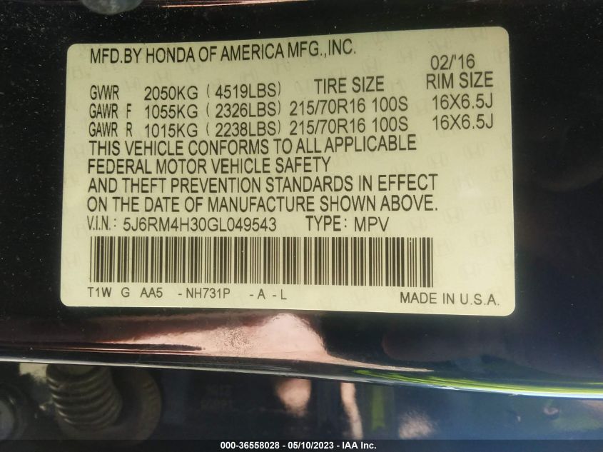 2016 HONDA CR-V LX - 5J6RM4H30GL049543