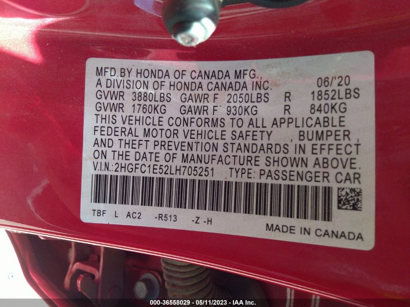 2020 HONDA CIVIC SI SEDAN 2HGFC1E52LH705251