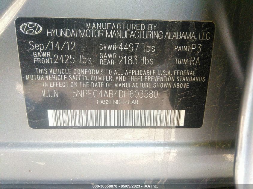 VIN 5NPEC4AB4DH603580 2013 HYUNDAI SONATA no.9