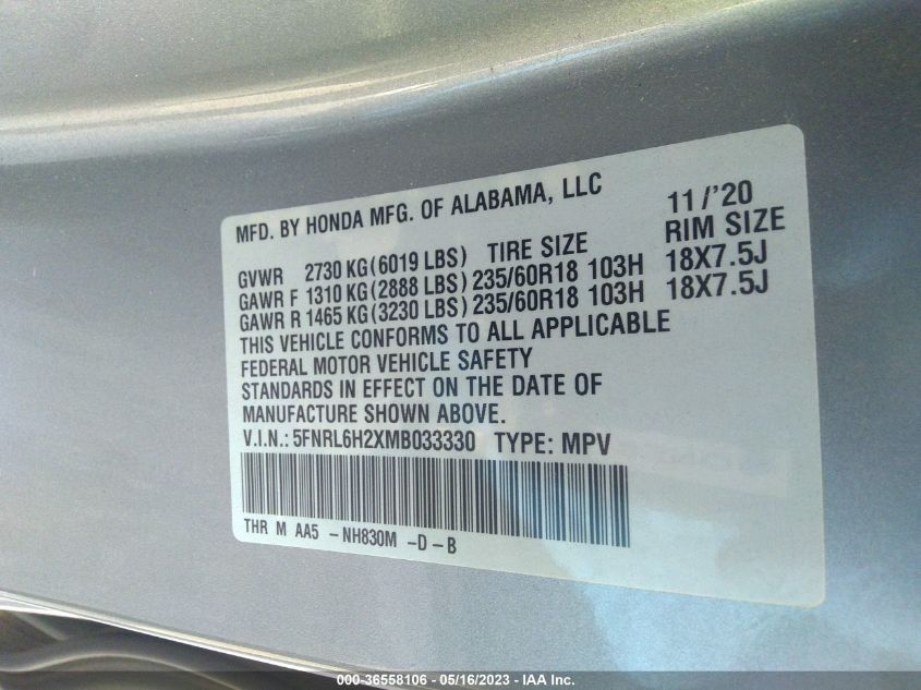 2021 HONDA ODYSSEY LX - 5FNRL6H2XMB033330