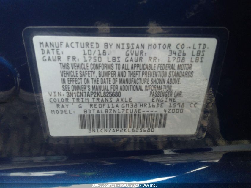 2019 NISSAN VERSA SEDAN SV - 3N1CN7AP2KL825680