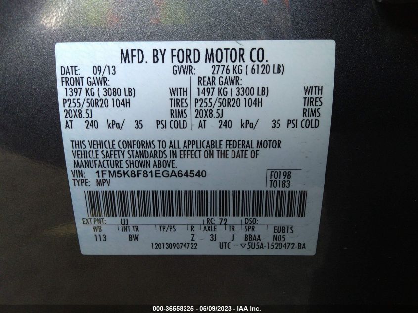 2014 FORD EXPLORER LIMITED - 1FM5K8F81EGA64540