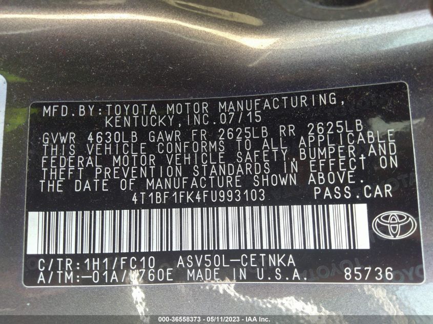 2015 TOYOTA CAMRY XLE/SE/LE/XSE - 4T1BF1FK4FU993103