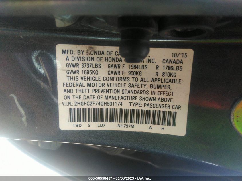 2016 HONDA CIVIC SEDAN EX - 2HGFC2F74GH501174
