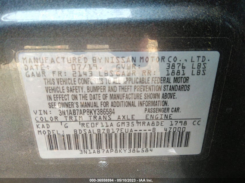 VIN 3N1AB7AP8KY386584 2019 NISSAN SENTRA S