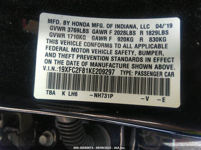 2019 HONDA CIVIC SEDAN SPORT - 19XFC2F81KE209297