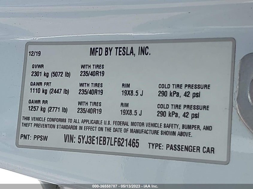 VIN 5YJ3E1EB7LF621465 2020 TESLA MODEL 3 LONG RANGE