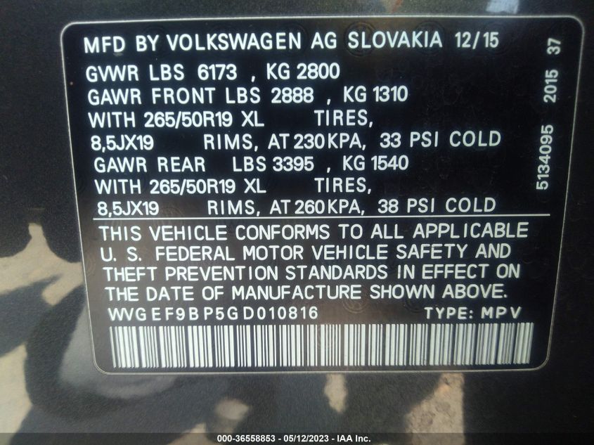 2016 VOLKSWAGEN TOUAREG LUX WVGEF9BP5GD010816