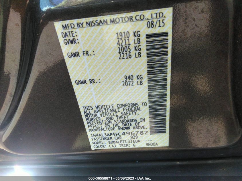 2015 NISSAN ALTIMA 2.5 S - 1N4AL3AP4FC496782