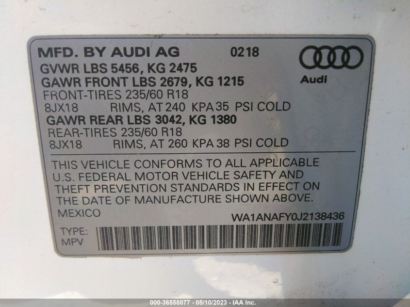 2018 AUDI Q5 PREMIUM/TECH PREMIUM - WA1ANAFY0J2138436