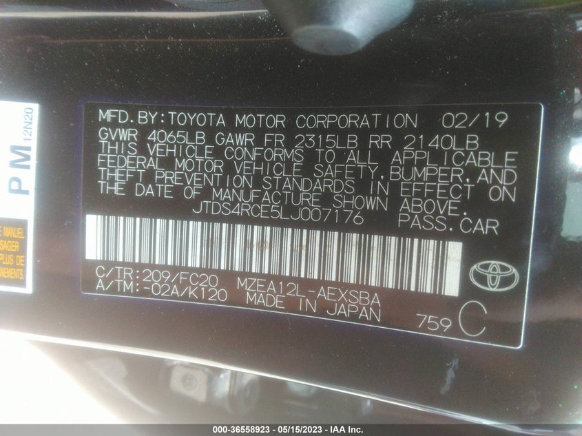 VIN JTDS4RCE5LJ007176 2020 TOYOTA COROLLA SE/NIGHTSHADE