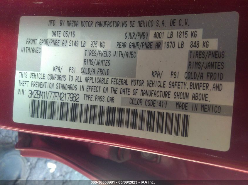 2015 MAZDA MAZDA3 I TOURING - 3MZBM1V77FM217962