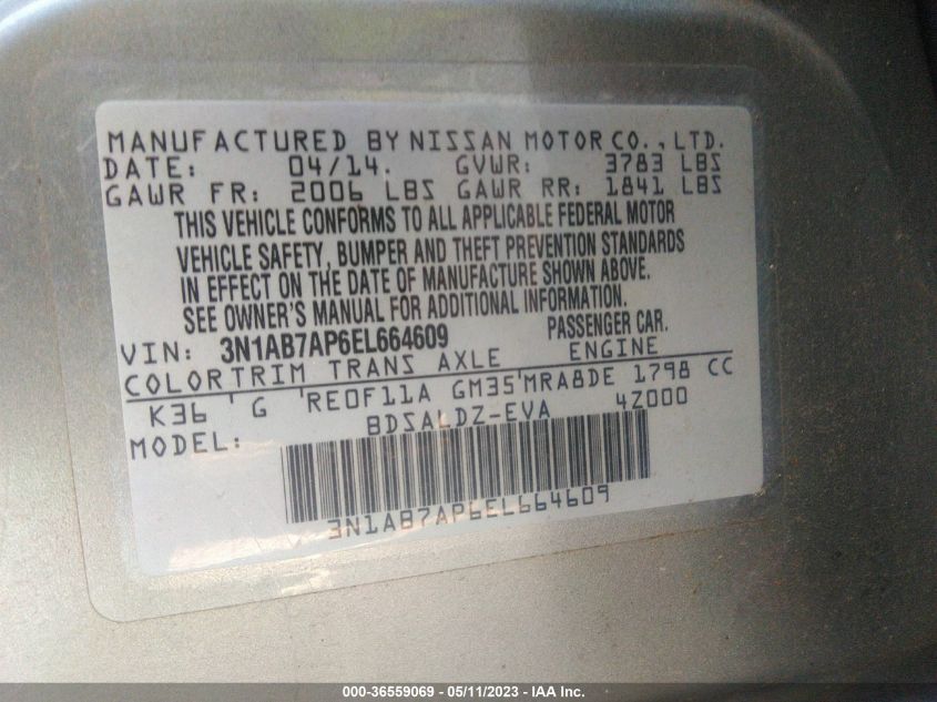 2014 NISSAN SENTRA S/FE+ S/SV/FE+ SV/SR/SL - 3N1AB7AP6EL664609