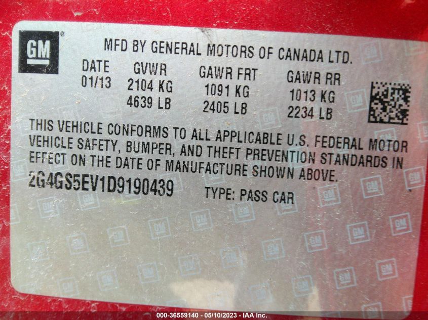 2013 BUICK REGAL TURBO PREMIUM 1 - 2G4GS5EV1D9190439