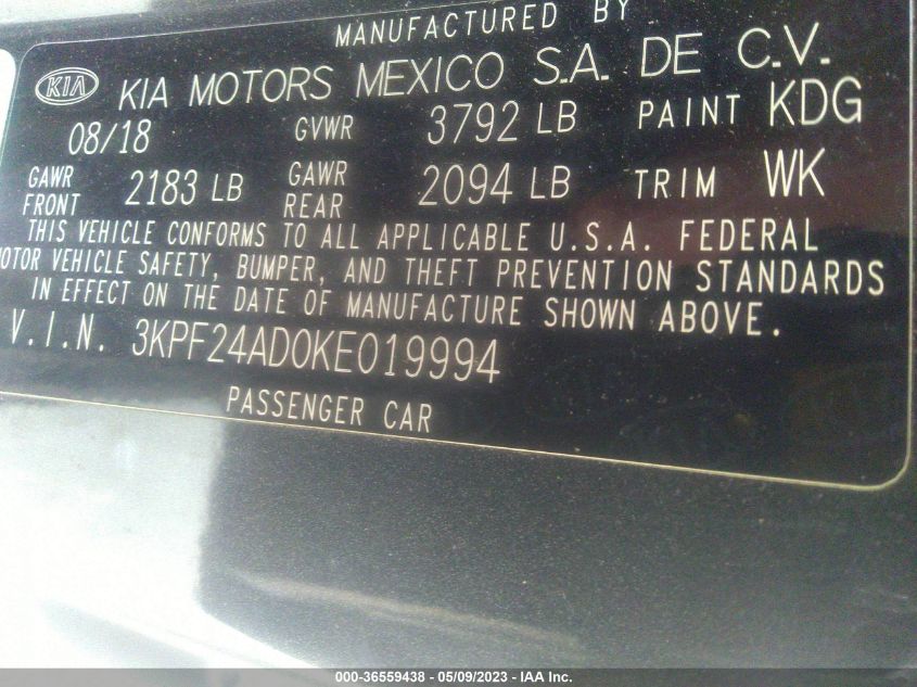 2019 KIA FORTE LXS - 3KPF24AD0KE019994