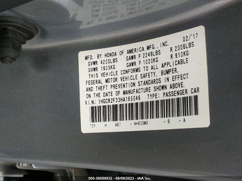 2017 HONDA ACCORD SEDAN LX - 1HGCR2F33HA165046