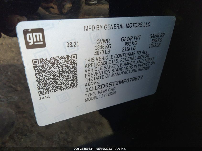 2021 CHEVROLET MALIBU LT - 1G1ZD5ST2MF078677