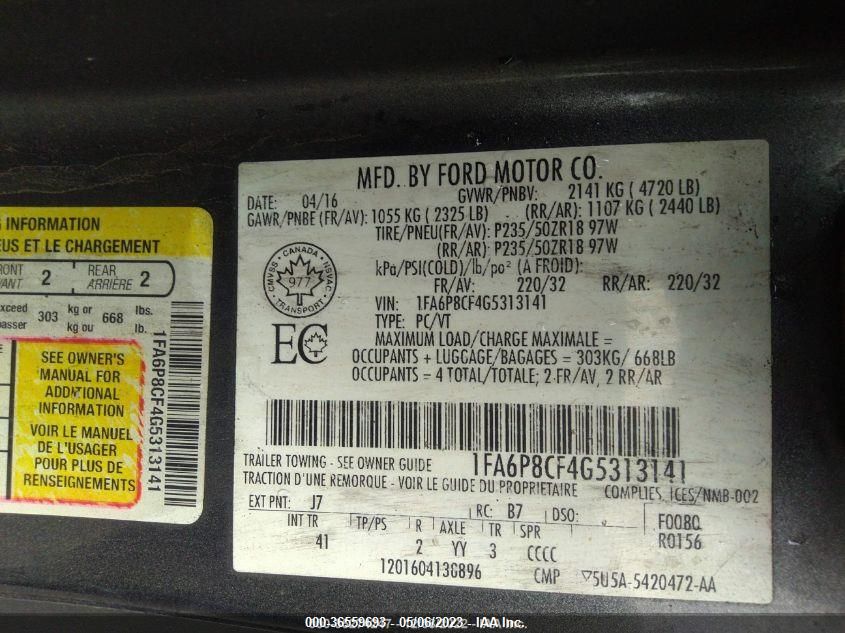 2016 FORD MUSTANG GT - 1FA6P8CF4G5313141