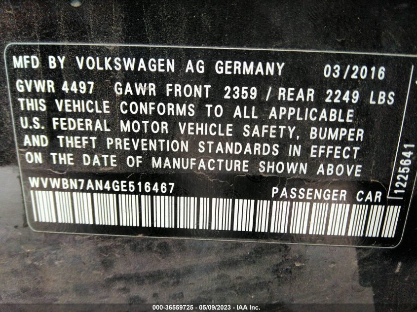 2016 VOLKSWAGEN CC R-LINE - WVWBN7AN4GE516467