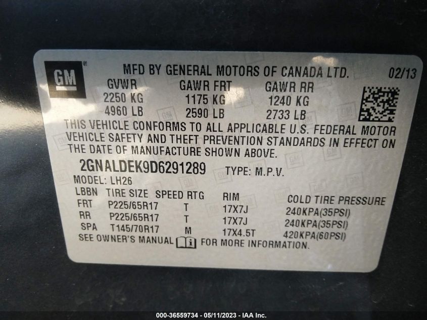2013 CHEVROLET EQUINOX LT - 2GNALDEK9D6291289