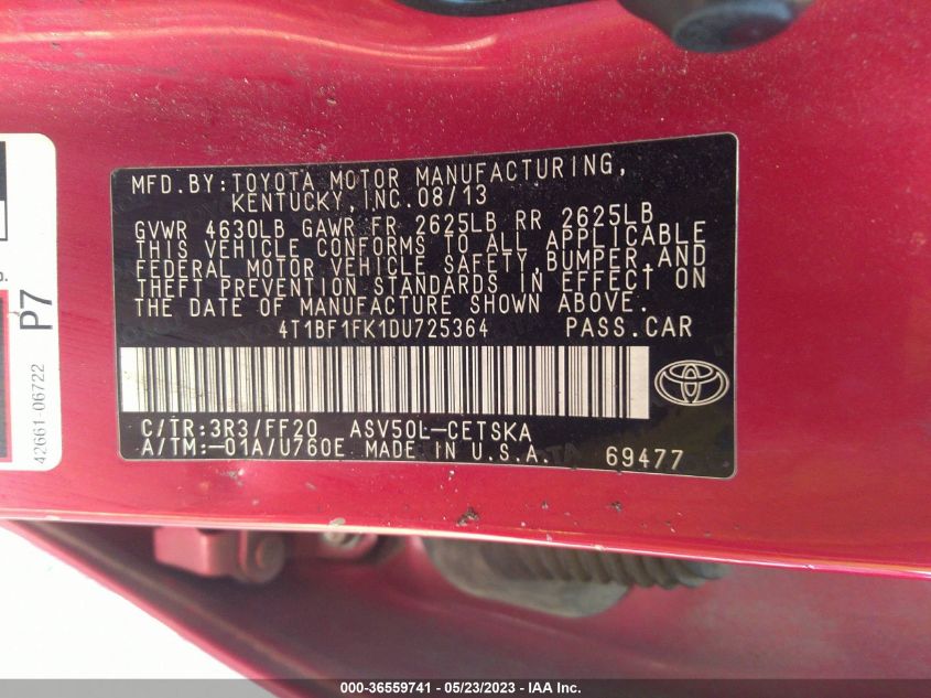 2013 TOYOTA CAMRY L/LE/SE/XLE - 4T1BF1FK1DU725364