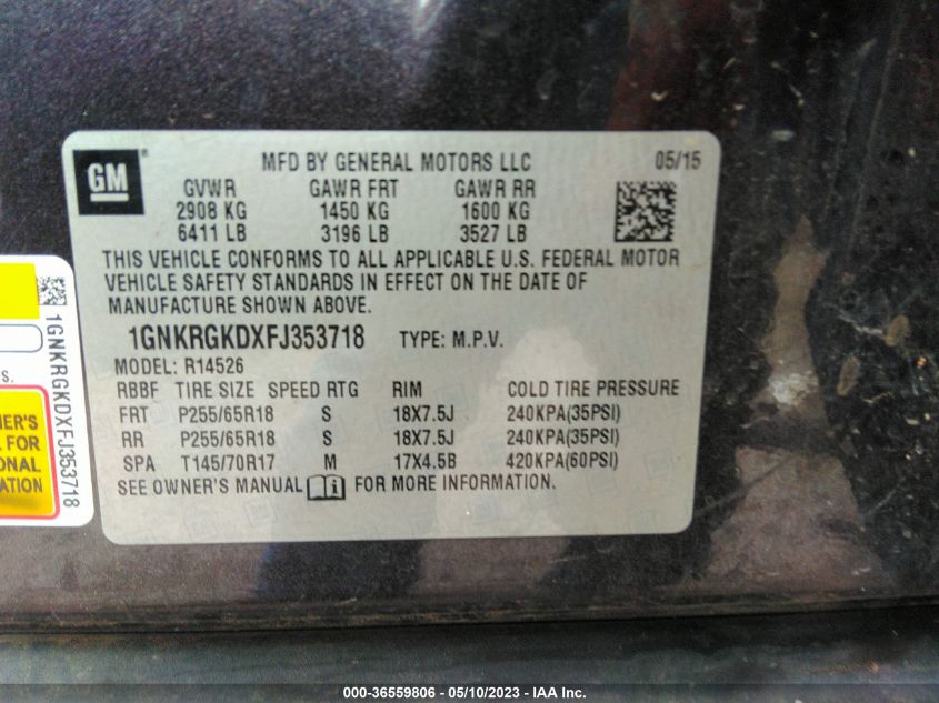 2015 CHEVROLET TRAVERSE LT - 1GNKRGKDXFJ353718