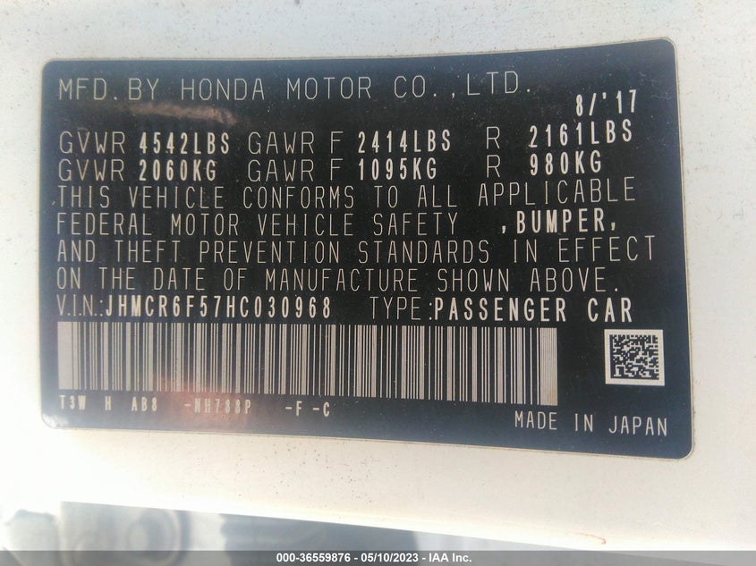 VIN JHMCR6F57HC030968 2017 HONDA ACCORD HYBRID EX-L