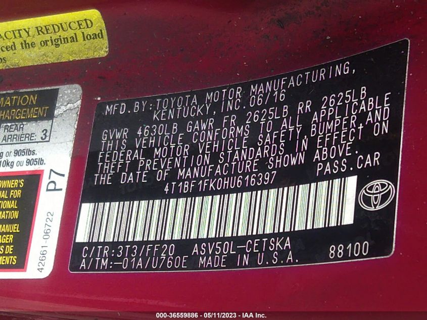 2017 TOYOTA CAMRY XLE/SE/LE/XSE - 4T1BF1FK0HU616397