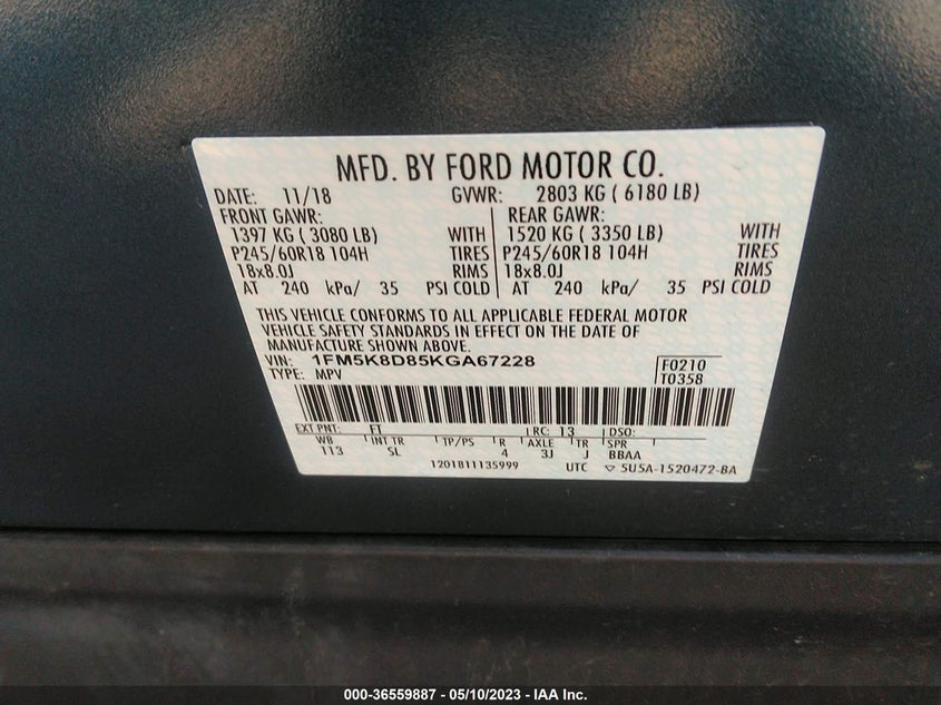 VIN 1FM5K8D85KGA67228 2019 FORD EXPLORER XLT