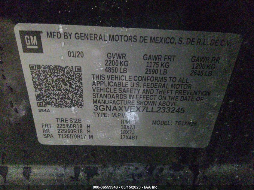2020 CHEVROLET EQUINOX LT - 3GNAXVEX7LL233245