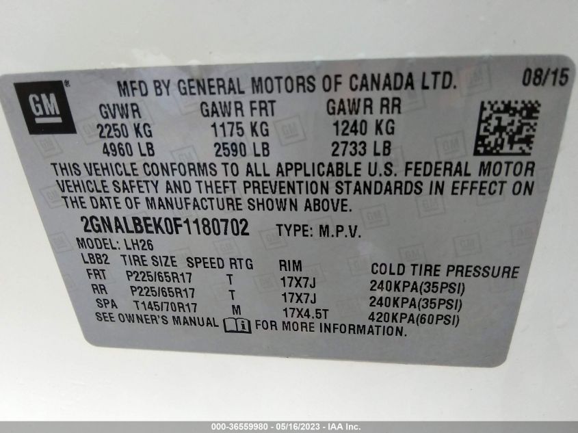 2015 CHEVROLET EQUINOX LT - 2GNALBEK0F1180702