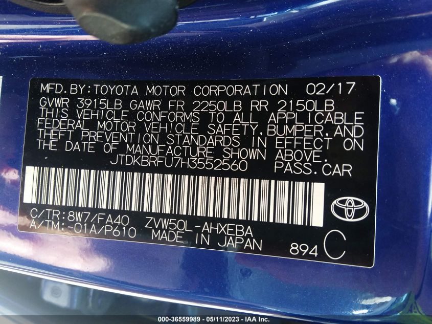 2017 TOYOTA PRIUS TWO/TWO ECO/THREE - JTDKBRFU7H3552560