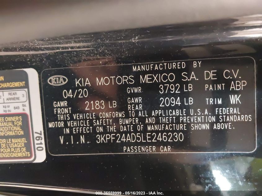 2020 KIA FORTE LXS - 3KPF24AD5LE246230