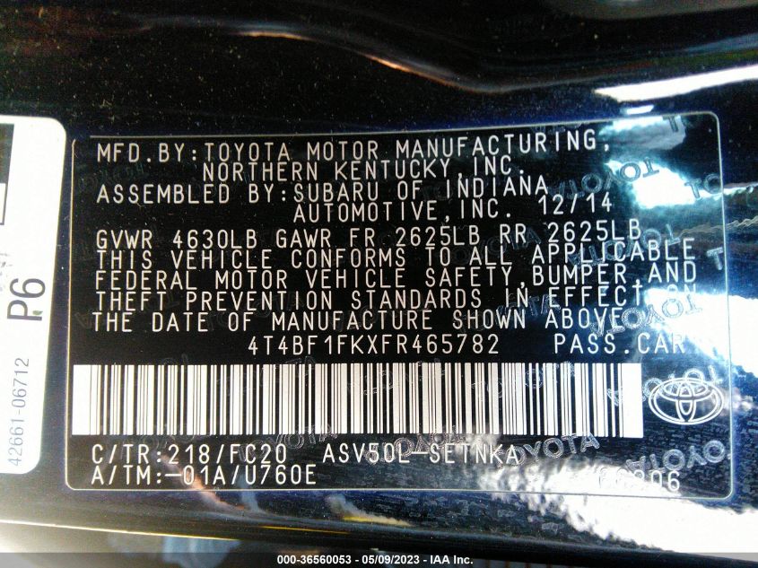 2015 TOYOTA CAMRY XLE/SE/LE/XSE - 4T4BF1FKXFR465782
