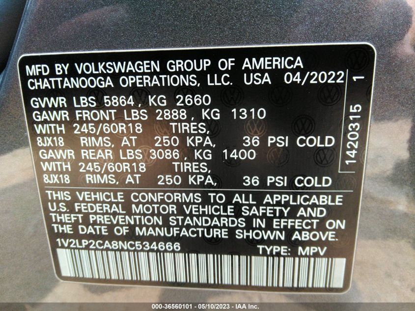 2022 VOLKSWAGEN ATLAS 2.0T SE - 1V2LP2CA8NC534666