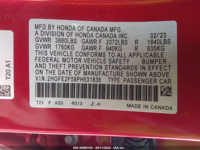 2023 HONDA CIVIC SEDAN SPORT - 2HGFE2F58PH531836