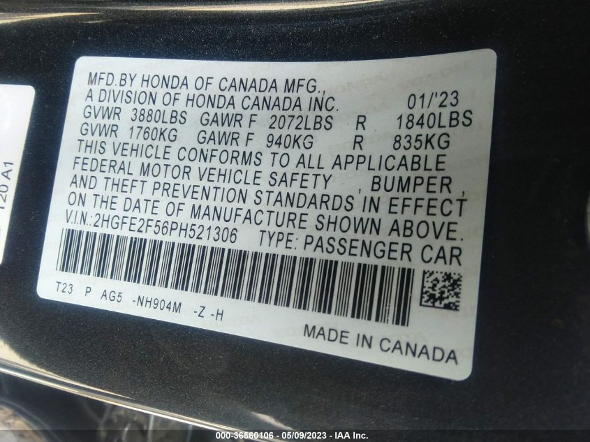 2023 HONDA CIVIC SEDAN SPORT - 2HGFE2F56PH521306