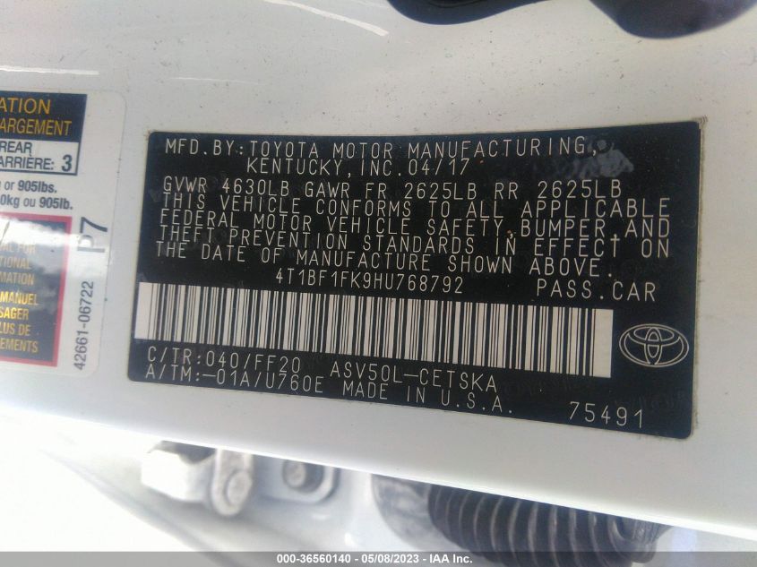 2017 TOYOTA CAMRY XLE/SE/LE/XSE - 4T1BF1FK9HU768792