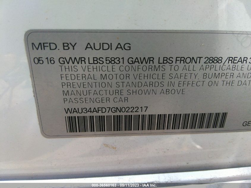 2016 AUDI A8 L 3.0T WAU34AFD7GN022217