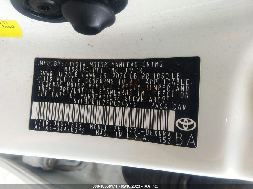 2014 TOYOTA COROLLA L/LE/S/S PLUS/LE PLUS - 5YFBURHE7EP074644